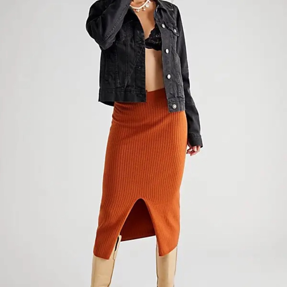 Free People Skyline Midi Knit Orange Ribbed Skirt